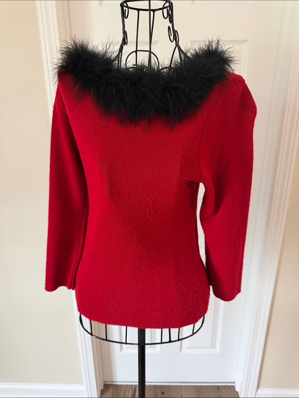 Red Women's Sweater with Black Feather Trim